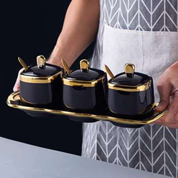 Fvstar Black Sugar Bowl with Lid and Spoon,Ceramic Condiment Jars Spice Container with Tray,Sugar and Salt Bowls,Gold Condiment Containers Pots Seasoning Box Set of 3 for Kitchen Coffee Bar