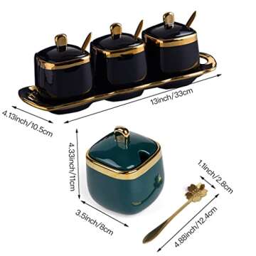 Fvstar Black Sugar Bowl with Lid and Spoon,Ceramic Condiment Jars Spice Container with Tray,Sugar and Salt Bowls,Gold Condiment Containers Pots Seasoning Box Set of 3 for Kitchen Coffee Bar