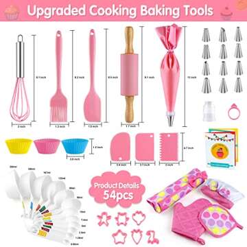 INNOCHEER Kids Baking and Cooking Set for Girls, 54PCS Chef Costume Set with Kids Apron, Chef Hat, All Real Cooking Tools and Baking Supplies, Kitchen Utensils and Recipes for Child Junior Chefs 3+