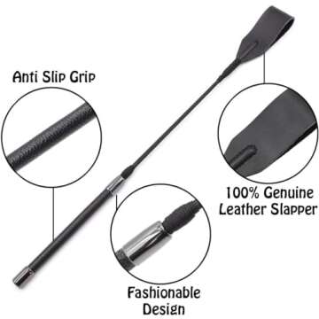 18" Real Riding Crop Whip Genuine Leather Top for Equestrian Sports,Black