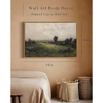 InSimSea Framed Canvas Wall Art Vintage Decor, Framed Vintage Landscape Canvas Wall Art, Wild Field Oil Painting Prints, Cottagecore Bedroom Bathroom Office Decor, 24"x36"