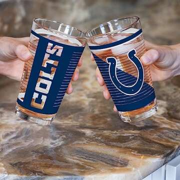 Rico Industries NFL Football Indianapolis Colts Main 16 oz Pint Glasses with Digitally Printed Logo, Practical Set of 2 Classic Drinking Glasses, for Fans, Dishwasher Safe