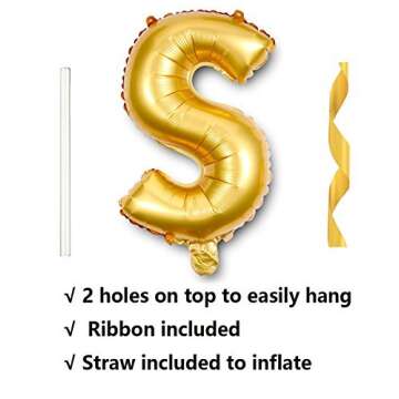 Rose&Wood 16" Single Gold Alphabet Letter Balloons Aluminum Hanging Foil Film Balloon Mylar Balloons Air Balloon Cannot Float(16",Letter S)