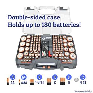 THE BATTERY ORGANISER Storage Case with Tester, Stores & Protects Up to 180 Batteries, Hinge Clear Cover with Locking Lid, Garage Gadget Organization Holds AA AAA C D and More, Gray