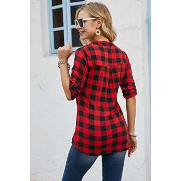 Ninedaily Christmas Shirts for Women, Blouses Fall Fashion Tunic Tops for Leggings Clothes Business Casual Clothing Checkered Shirts Day Friday 2024 Black Red Plaid Shirt Loose Fitting,M