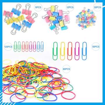 Paper Clips, Sopito 300pcs Paperclips Binder Clips Assorted Sizes (S/M/L) and Rubber Bands, Colored Office Supplies Set College School Supplies