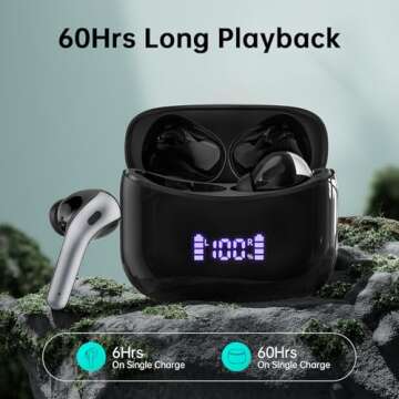 Bluetooth 5.3 Headphones Wireless Earbuds 60Hrs Playback Powerful Sound Ear Buds with LED Power Display Charging Case In Ear Earphones IPX7 Waterproof Earbud with Mic for Running Workout Sport Black