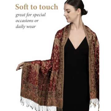 Achillea Soft Silky Reversible Paisley Shawl Wrap Scarf - Burgundy