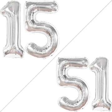 Giant, Silver 15 Balloons Number - 40 Inch | Number 15 Balloons, Happy 15th Birthday Decorations for Girls | Silver 15 Number Balloon, 15 Birthday Decorations Boy | 15th Birthday Decorations For Boys