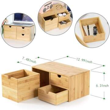 Wisuce Bamboo Desk Organizer - Mini Desktop Drawer Tabletop Storage Organization Box for Office Home Toiletries Supplies, No Assembly Required (3 Drawer with big drawer)