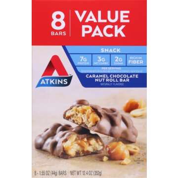 Atkins Caramel Chocolate Nut Roll Snack Bar, Protein Snack, High in Fiber, 2g Sugar, 8 Count