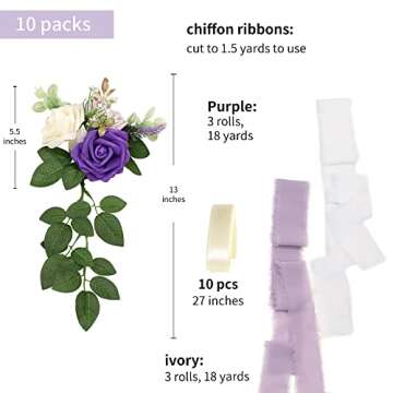 DreamBuilt Wedding Aisle Decorations for Wedding Ceremony Set of 10 Pew Flowers for Church Chair Decorations Party Decor with Artificial Flowers Eucalyptus and Ribbons Purple