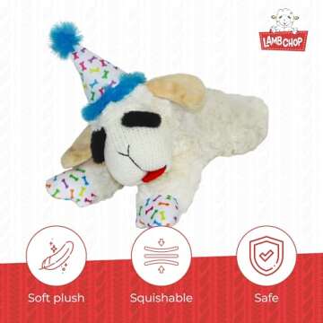 Multipet Lamb Chop Dog Plush Toy w/Birthday Hat - Squeaky Dog Toy for All Dogs - Soft Plush Dog Toy - Stuffed Animal Dog Toy for Playing - Cute Dog Birthday Toy (10.5”, Blue Hat, 5 Squeakers)