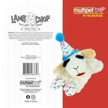 Multipet Lamb Chop Dog Plush Toy w/Birthday Hat - Squeaky Dog Toy for All Dogs - Soft Plush Dog Toy - Stuffed Animal Dog Toy for Playing - Cute Dog Birthday Toy (10.5”, Blue Hat, 5 Squeakers)