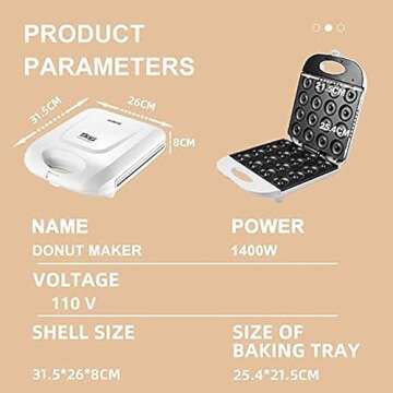 VIKNEY Mini Donut Maker,Easy and Fun Homemade Mini Donuts, Perfect for Snacking and Entertaining,Compact and Portable Design, Dual-Sided Heating, Non-Stick Coating - Makes 16 Donuts at a Time, White