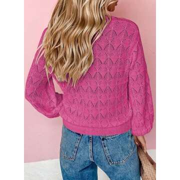 Dokotoo Summer Cardigans for Women 2024 Casual Lightweight Cardigans Long Sleeve Cropped Cardigans Fashion Fall Sweaters for Women 2024 V Neck Hollow-Out Shrug V Neck Bolero Hot Pink Cardigan Large