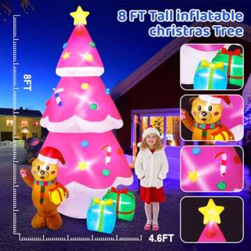 Meland Christmas Inflatable Outdoor Decoration - 8Ft Pink Christmas Tree Inflatable Christmas Blow Up Yard Decorations with Gingerbread Inflatables Christmas Decorations for Outdoor Outside Garden