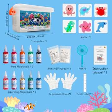 Kiditos Magic Water Elf Toy Kit, Aqua Fairy Water Gel Kit with 10 Magic Gels, 6 Sea Creature Molds. Christmas Gifts, Birthday Gifts, Party Favors, Arts & Crafts DIY STEM for Kids (10 Colors)