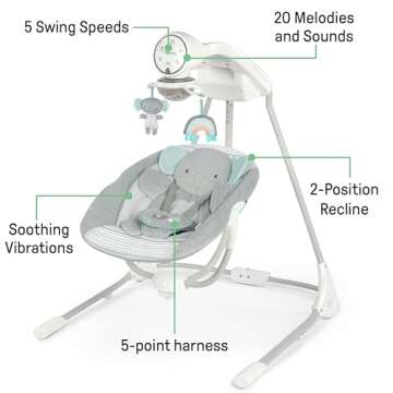 Ingenuity InLighten 5-Speed Baby Swing - Swivel Infant Seat, 5 Point Safety Harness, Nature Sounds, Lights - Van Elephant