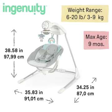 Ingenuity InLighten 5-Speed Baby Swing - Swivel Infant Seat, 5 Point Safety Harness, Nature Sounds, Lights - Van Elephant