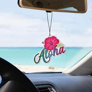 Aloha Designs 3 Pack Aloha Hawaii Hibiscus Long Lasting Coconut Air Freshener With Colorful Letters | Decorative Hawaiian Tropical Scented Hanging Air Freshener With Island Vibe For Car, Closest, Home, Garage & Office