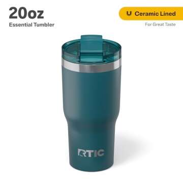 RTIC 20oz Essential Tumbler with Lid, Insulated, Stainless Steel, Metal, Double Wall Vacuum-Insulation, Ceramic Lined, Travel Cup for Iced Coffee, Tea, Hot and Cold Drink, Deep Harbor