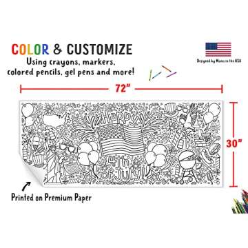 Tiny Expressions 4th of July Coloring Poster for Kids - Rolled, No Creases 30" x 72" Coloring Table Cloth for Kids Activity - Fourth of July Crafts