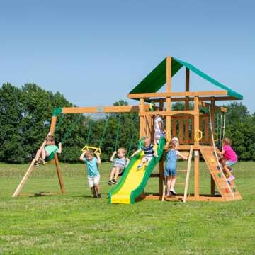 Backyard Discovery Mount McKinley All Cedar Wood Swing Set, Playground for All Kids Age 3-10, Rock Wall, Wave Slide, Fort, Double Rock Climber and Rope