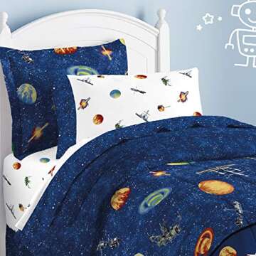 Dream Factory Kids 8-Piece Complete Set with Bedskirt Easy-Wash Super Soft Comforter Bedding, Full, Blue Outer Space Satellites