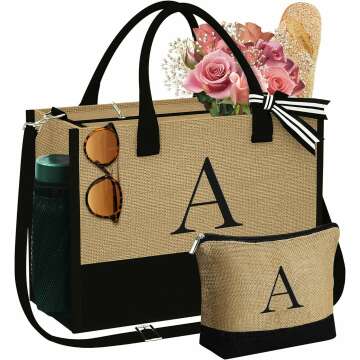 Gifts for Women - Initial Jute Tote Bag & Makeup Bag Adjustable Strap Graduation Gifts Birthday Gifts for Women Her