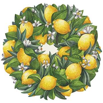 Hester & Cook Floral Paper Placemats for Dining Table - Round Lemon Wreath Disposable Placemats for Spring Summer Season - 12 Sheets Per Pad American Made