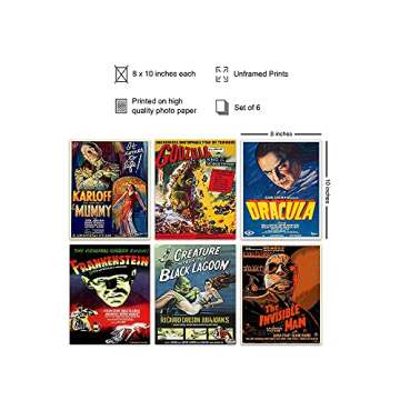 Godzilla, Dracula, The invisible Man, The Mummy, Frankenstein Wall Art & Decor - Vintage Horror Monster Movie Posters - Home Theater Set - Classic Scary Movie - Man Cave, Boys Bedroom, Teens Room