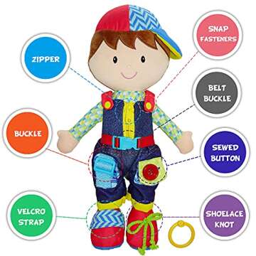 June Garden 15.5" Dressy Friends Lucas - Educational Stuffed Plush Doll for Kids and Toddlers 2 Years and Up - Montessori Buckle Soft Toy