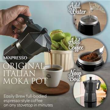 Mixpresso Aluminum Moka Stove Coffee Maker, Moka Pot Coffee Maker for Gas, Electric Stove Top, Classic Italian Coffee Maker, Black Espresso Maker Stovetop, Excellent Camping Pot 3 Espresso Cup 5 Oz