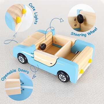 PairPear Wooden Family Car for Dolls,Wooden Toys Dollhouese Furniture Accessories Playset,Kids Pretend Preschool Play Vehicle Toys Gift for Toddler 3 Years and Up