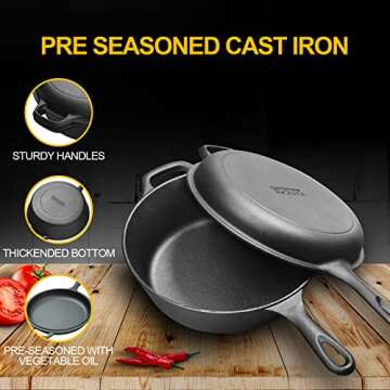 EDGING CASTING 2-in-1 Pre-Seasoned Cast Iron Dutch Oven Pot with Skillet Lid Set, 10" Skillet/ 3QT Pot for Cooking, Baking, Frying and Camping