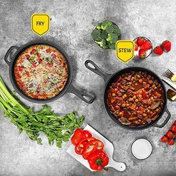 EDGING CASTING 2-in-1 Pre-Seasoned Cast Iron Dutch Oven Pot with Skillet Lid Set, 10" Skillet/ 3QT Pot for Cooking, Baking, Frying and Camping