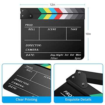 Temery Acrylic Film Clapper Board -12 x 10in Film Slate Clapperboard Movie Theater Decor Clapboard with a Magnetic Blackboard Eraser, Two Custom Pens, Cleaning Cloth and Hexagonal Wrench