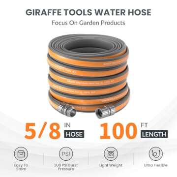 Giraffe Tools Garden Hose 100FT, 5/8" Lightweight Lay Flat Water Hose, Custom Length, Flexible, Leakproof Hybrid Hose Pipe with Male to Female Fitting