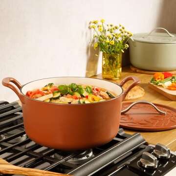 Bloomhouse 7 Qt Cast Iron Dutch Oven W/Embossed Lid, European Enamel, & Olive Wood Trivet - Matte Terracota