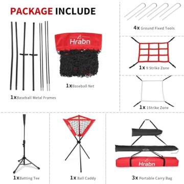 Hrabn Baseball Net Set 7 x 7ft Baseball Softball Practice Net with Batting Tee Ball Caddy Strike Zone Target and Travel Carry Bag for Batting and Pitching Portable Baseball Net Baseball Training