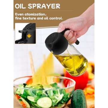 Oil Sprayer for Cooking 2pcs,2 in 1 Oil Dispenser and Oil Sprayer Kitchen Gadgets-16oz Glass Oil Spray Bottle,Mist Olive Oil Dispenser for Kitchen,Air Fryer,Salad, Grill (Black Kitchen Accessories)