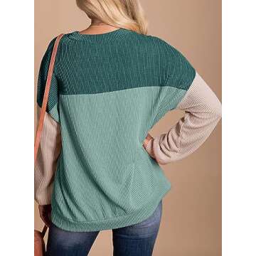 Dokotoo Women's Sweaters Cute Round Neck Knitted Long Sleeve Color Block Pullover Fall Fashion Knit Shirt Tops Casual Striped Tunics Blouses Valentines Outfits for Women Blue Green Small