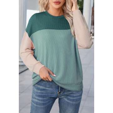 Dokotoo Women's Sweaters Cute Round Neck Knitted Long Sleeve Color Block Pullover Fall Fashion Knit Shirt Tops Casual Striped Tunics Blouses Valentines Outfits for Women Blue Green Small