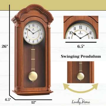 Pendulum Wall Clock Battery Operated - Large Hanging Grandfather Wall Clock with Pendulum - Quiet Wood Pendulum Clock - Wooden Wall Clock for Living Room Decor, Office & Home Décor Gift 26x12