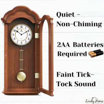 Pendulum Wall Clock Battery Operated - Large Hanging Grandfather Wall Clock with Pendulum - Quiet Wood Pendulum Clock - Wooden Wall Clock for Living Room Decor, Office & Home Décor Gift 26x12