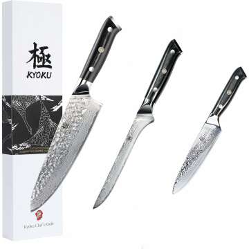 KYOKU Shogun Series Knife Set: 8" Chef + 7" Boning + 6" Utility - VG10 Damascus Steel