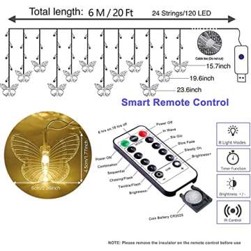 Curtain Butterfly String Light 20Ft 120LED Window USB Fairy Lights 24 Butterfly 8 Modes with Remote Control for Room Bedroom Patio Party Wedding Holiday Christmas Decoration (Colorful)