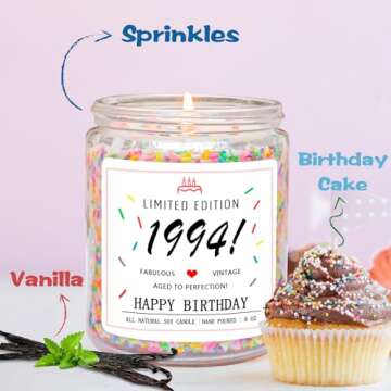 Homsolver 30th Birthday Gifts for Her Women, Happy 1994 30th Birthday Candle Gifts Ideas-Limited Edition 1994 Handmade Candles (Vanilla Birthday Cake Scent with Sprinkles)