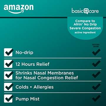 Amazon Basic Care No Drip Severe Congestion Nasal Pump Mist Spray, 12 Hour Relief, Oxymetazoline HCl, Maximum Strength Plus Menthol, Steroid Free, 1 fl oz (Pack of 1)